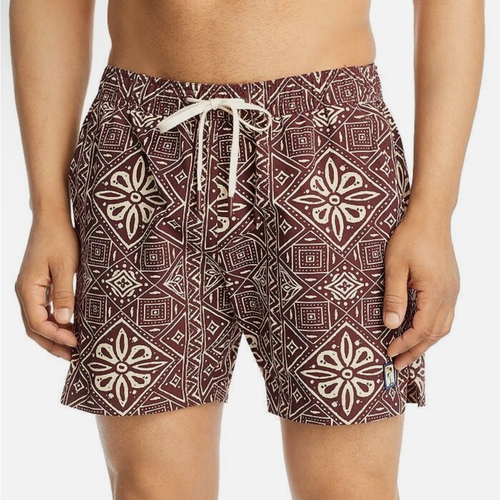 XL Marine Layer Swim Trunks 5” Brown Tan Cream Tribal Island Pattern Archive